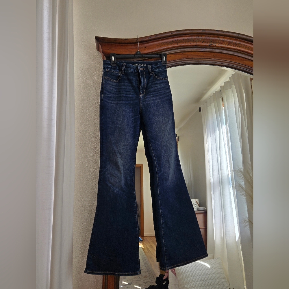 Americam Eagle Curvy Super High Rise Flare Jeans Dark Blue Denim Jeans